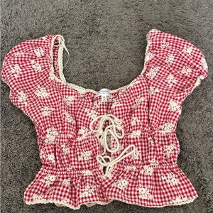 One Clothing Red and White Gingham Lace-Up Blouse